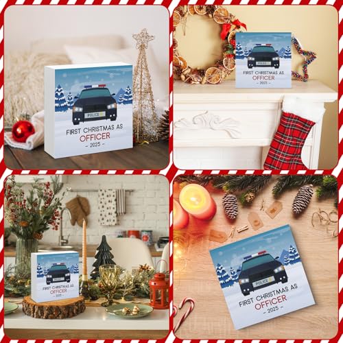 Image of Christmas Decor, First Christmas as Officer Wood Box Sign, Gifts for New Cop Future Police Officer, Xmas Police Home Office Decorations for Desk Table Shelf 5 X 5 Inches