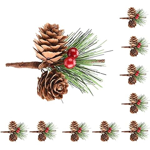 DULRLLY 20pcs Artificial Pine Picks, Pine Needles Branches with Red Berry Stems, Small Fake Berries Pinecones Branches for Crafts Xmas Tree DIY Garland Holiday Wreath (B) Cover