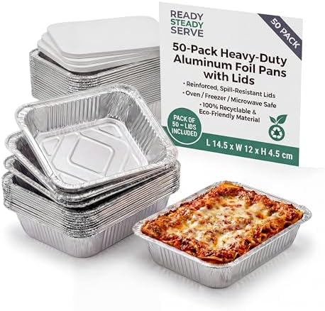 Pack of 50 Aluminium Tin Foil Food Trays with Lids | No.2 | Silve...