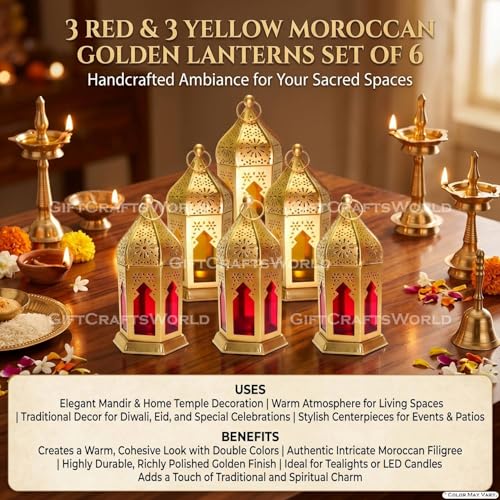 Image of Moroccan Lanterns & Candle Holders for Home Decor - Unique Diwali & Christmas Gifts (Red - Yellow, Set of 6)