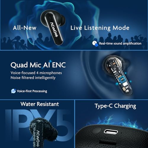 Image of ACwO DwOTS Muze, in-Built MP3 Player, TF Card Support, Recording Mode, Real-Time Audio Monitoring, 10mm Drivers Bluetooth Earbuds, 45H Playtime, TWS Ear Buds Wireless Earphones with Mic (Black)