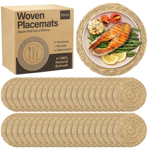 Elcoho 40 Pieces Round Woven Placemats 12 Inch Boho Rattan Placemats Farmhouse Braided Place Mats Woven Plate Chargers Rustic Wicker Table Mats for Dining Table