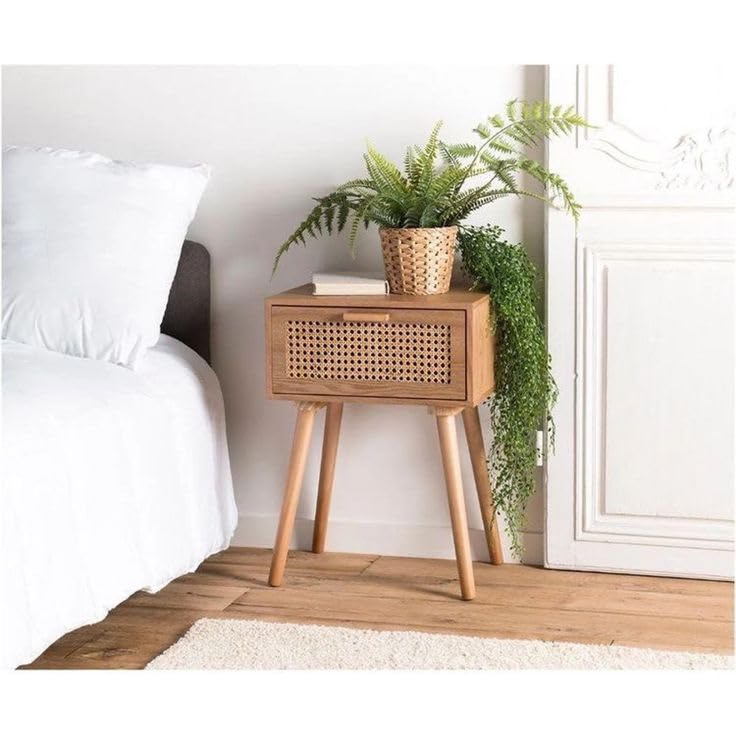 Wooden Bedside Table with Rattan Drawer, Mid-Century Style, Natural Wood Finish, Nightstand-image-35