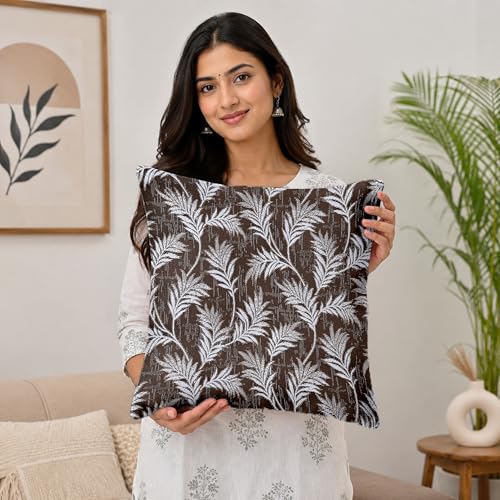 Image of Divine Casa Cushion Covers Set of 5 Rich Brown | 16x16 Inch Jacquard Sofa Cushion Covers | Decorative Leaf Pattern Throw Pillow Covers for Home Decor