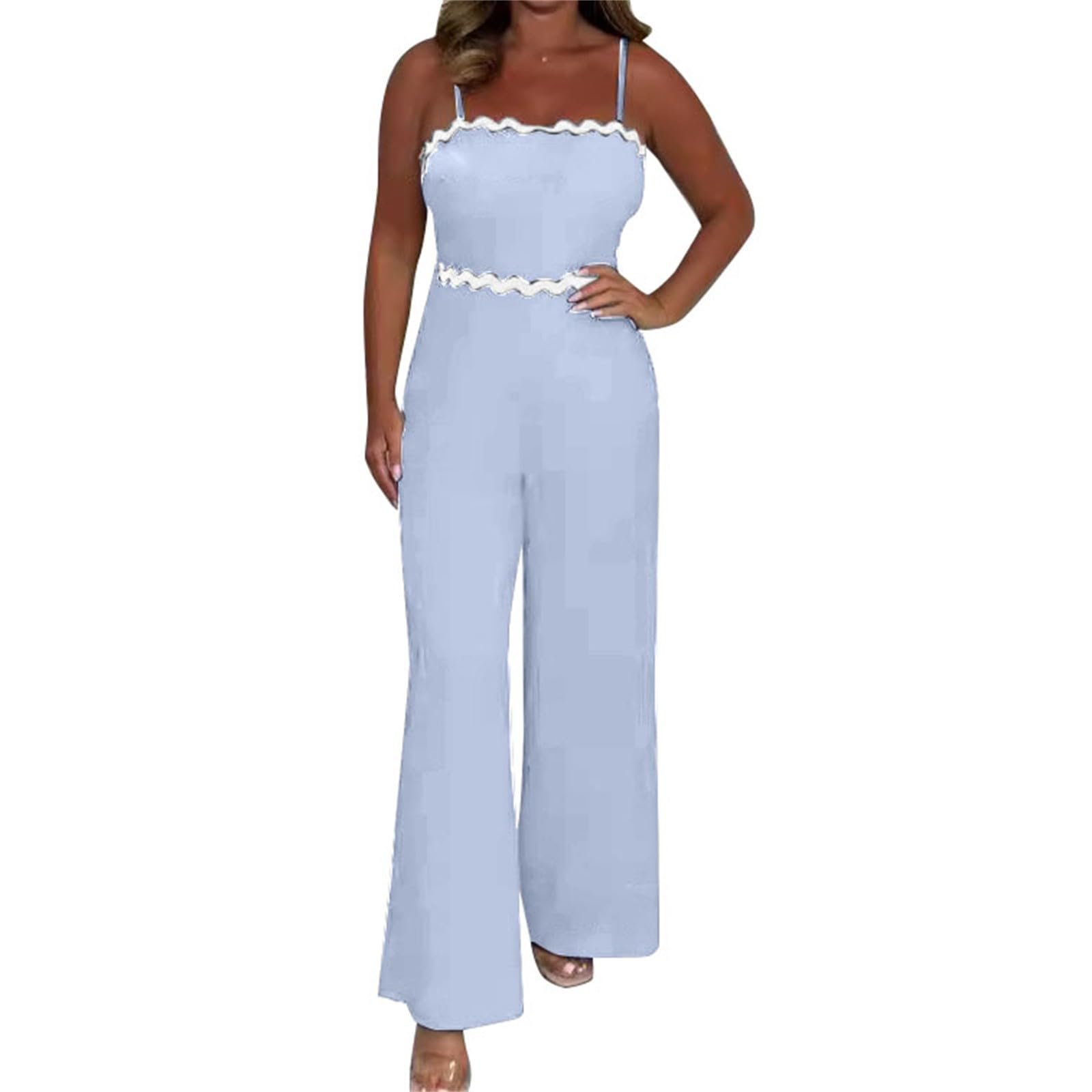 Generisch Tuta da donna con pantaloni e spalline sottili, senza maniche, a gamba larga, taglie grandi, sottile, elegante, per feste
