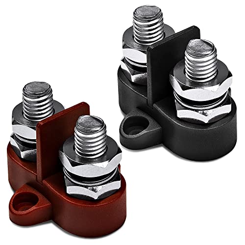True Mods 12V-48V Dual Stud Battery Junction Post 3/8 Inch M10 2 Single Isolated Power Distribution Post Terminal Bus Bar Power Ground Insulated for Auto Marine Car Trailer Boat Marine - Black + Red
