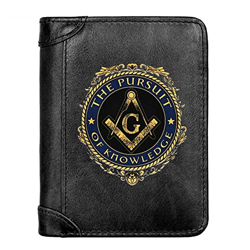 Men's Genuine Leather High Capacity Trifold Short Wallet, RFID Blocking Multifunctional Sleek Slim Photo Window and Credit Card Holder Freemasons Masonic Money Purses,Black,Style 7