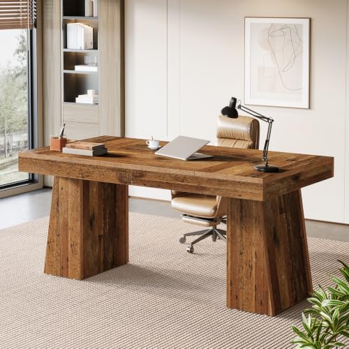 Image of Tribesigns 55-Inch Executive Desk, Thick Wood Office Computer Desk with Double Pedestal, Modern Minimalist Workstations Writing Table Conference Table Furniture for Home Office, Walnut Finish
