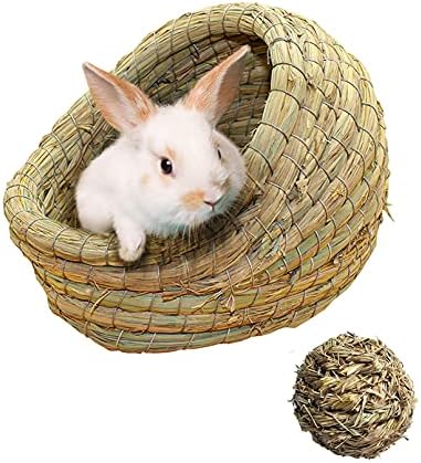 kathson Woven Pet hay Bed for Hamsters, Hand Crafted Grass House for Rabbits, Guinea-Pigs, Bunny and Cats (1ball+Bed)