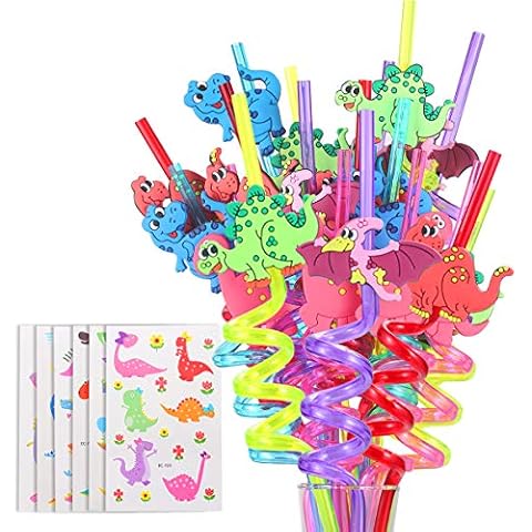 FZR Legend 24 Reusable Dinosaur Drinking Plastic Straws + 6 Dinosaur Temporary Tattoos for Kids Girls Boys | Dinosaur Birthday Party Supplies Three Rex Party Favors Decorations with Cleaning Brush Cover