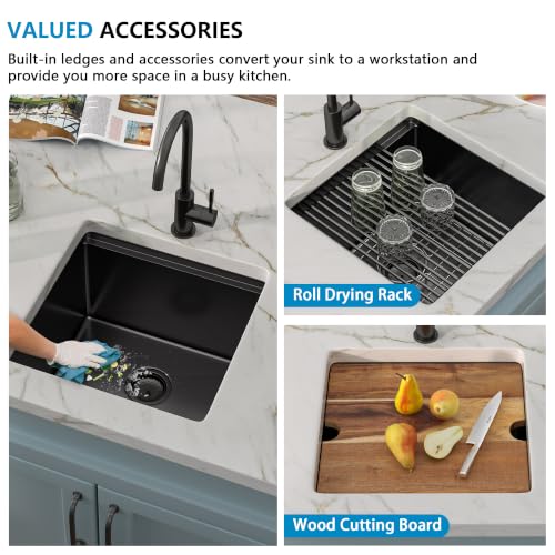 Image of 17 inchx17 inch Black Bar Prep Sink Undermount Workstation | Gunmetal Black NANO-PVD 16 Gauge T304 Stainless Steel Single Bowl Under Counter Basin for RV Kitchen Wet Bar Prep Station