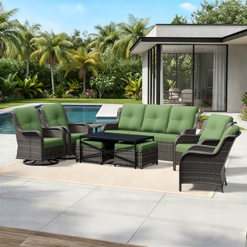 Image of Joyside 9 Piece Wicker Patio Furniture Set, Outdoor Swivel Rocker Patio Chairs with High Back, Deep Seating, Wide Armrest, Thickened Cushions, Outdoor Furniture for Deck, Porch Use