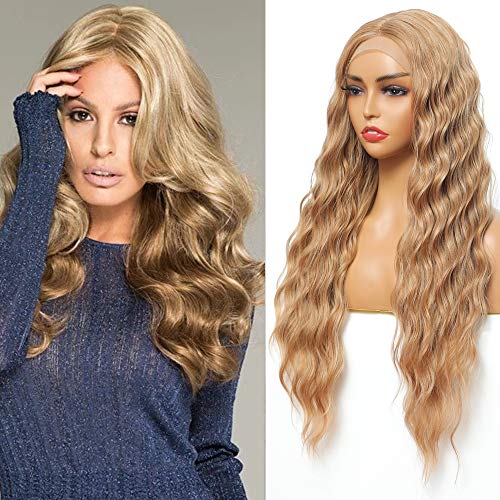 Sylhair Synthetic Lace Front Wig 30" Long Curly Wavy Wigs for Women Honey Blonde or Dark Root Blonde Wigs for Daily Use (30/85)