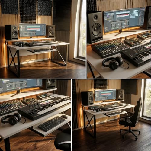 Image of FFO Music Studio Desk | Music Studio Desk with Keyboard Tray | Workstation,Laptop PC Computer, Music Instrument Table for Music Producers | (White) | (120L x 60W x 87H CM) | (DIY)