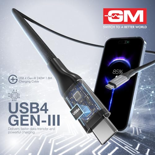 Image of GM G+ USB 4 Gen-III 240W Type-C-C Cable | 180cm | 40Gbps Data Transfer | 8K Display Support | PD 3.1 Charging | 20,000 bend cycles tested Nylon Braided | Laptops,Tablets, Smartphones |1 Year Warranty