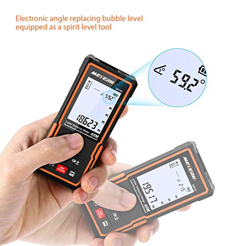 Laser Measure, Meterk 131 Ft M/In/Ft Mute Laser Distance Meter with Electronic Bubble Level, LCD Backlight Display and Measure Distance, Area and Volume, Pythagorean Mode - Battery Included