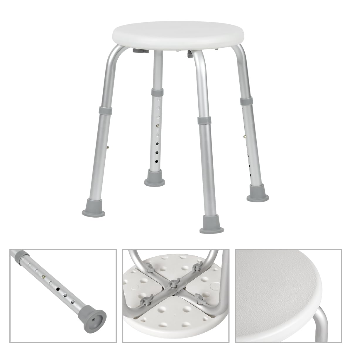 Sgabello Doccia Anziani; Altezza Regolabile, Piedini Antiscivolo, Sgabello da Bagno per Anziani e Disabili, Facile da Montare - Peso Massimo 120 kg - Diametro Seduta 32cm