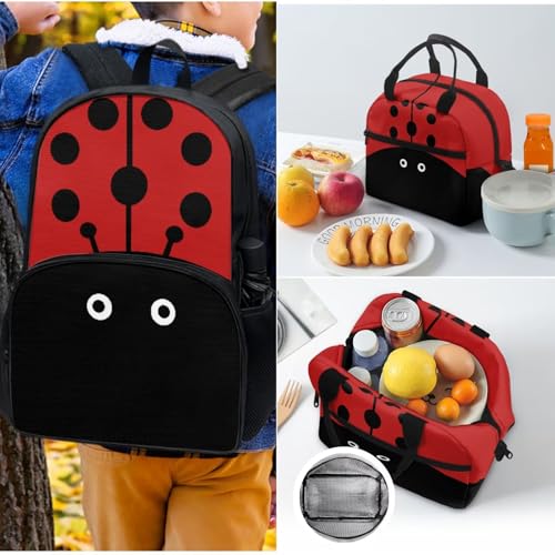 Renewold Cute Ladybug Kids Backpack 2pcs Set Girls Book Bag Schoolbag Set School Bag Bookbag with Insulated Lunch Box Container for School Travel Sport for Preschool Primary Middle Student2