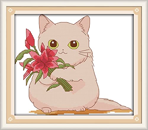 Kit Broderie Point de Croix Estampé 11CT Canevas Chat Fleur de Chaton Débutant