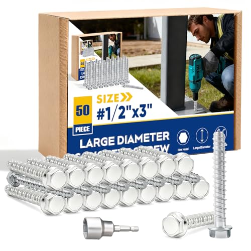 1/2" x 3" Large Diameter Concrete Screw 50 Pack - Heavy Duty Concrete Anchors, Masonry Screws for Brick, Block, Wood & Framing - Zinc Plated Hex Screws