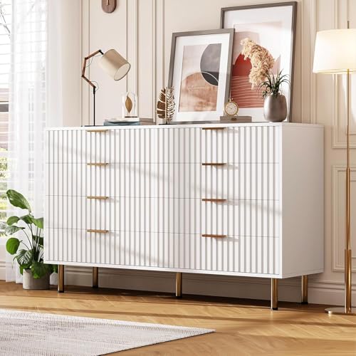 GarveeHome 8 Drawer Dresser for Bedroom, Fluted 55 in Wide Modern Chest of Drawers with Deep Drawers, Wooden Dresser Organizer for Living Room, Hallway, Kids Room, White White 15.8"D x 55.1"