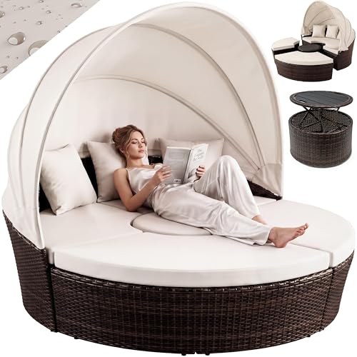 Casaria® Bain de Soleil Rond Brun 2 en 1 Ø185 cm Ensemble Ovale en polyrotin avec Coussins...