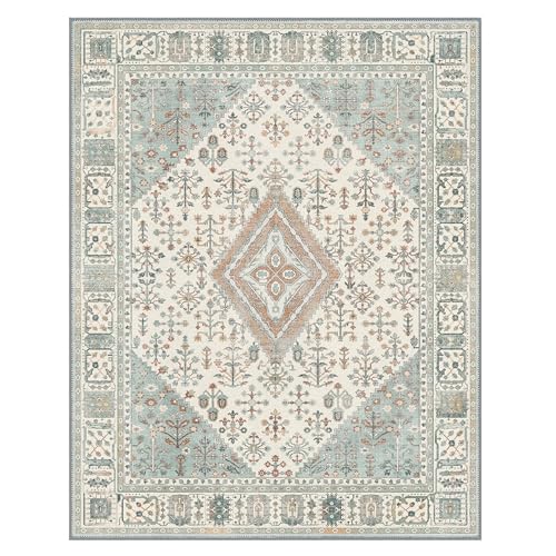 GENIMO 3x5 Area Rugs for Living Room, Machine Washable Boho Vintage Rug Non Slip, Printed Thin Low Pile Lightweight Chenille Carpet Rugs for Bedroom, Dining Room, Home Office, Green