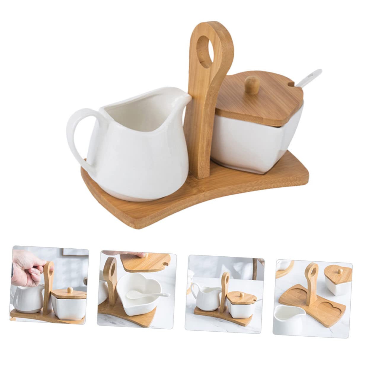 GLEAVI Azucarero de Cerámica Blanco con Tapa y Cuchara, 1 Juego | Bandeja Incluida, Mango de Madera, Apto para Microondas y Frigorífico, Diseño Elegante