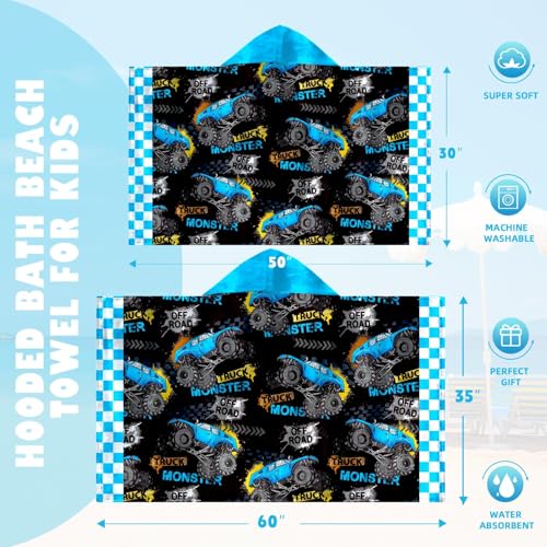 Image of Car Blue Boys Beach Towel with Hoodie for Kids Toddlers Age 4-8, Engineering Vehicle Bath Towels Shower Wrap for Boys, Hooded Poncho Beach Blanket for Pool Swimming Wearable Bath Towel for Child