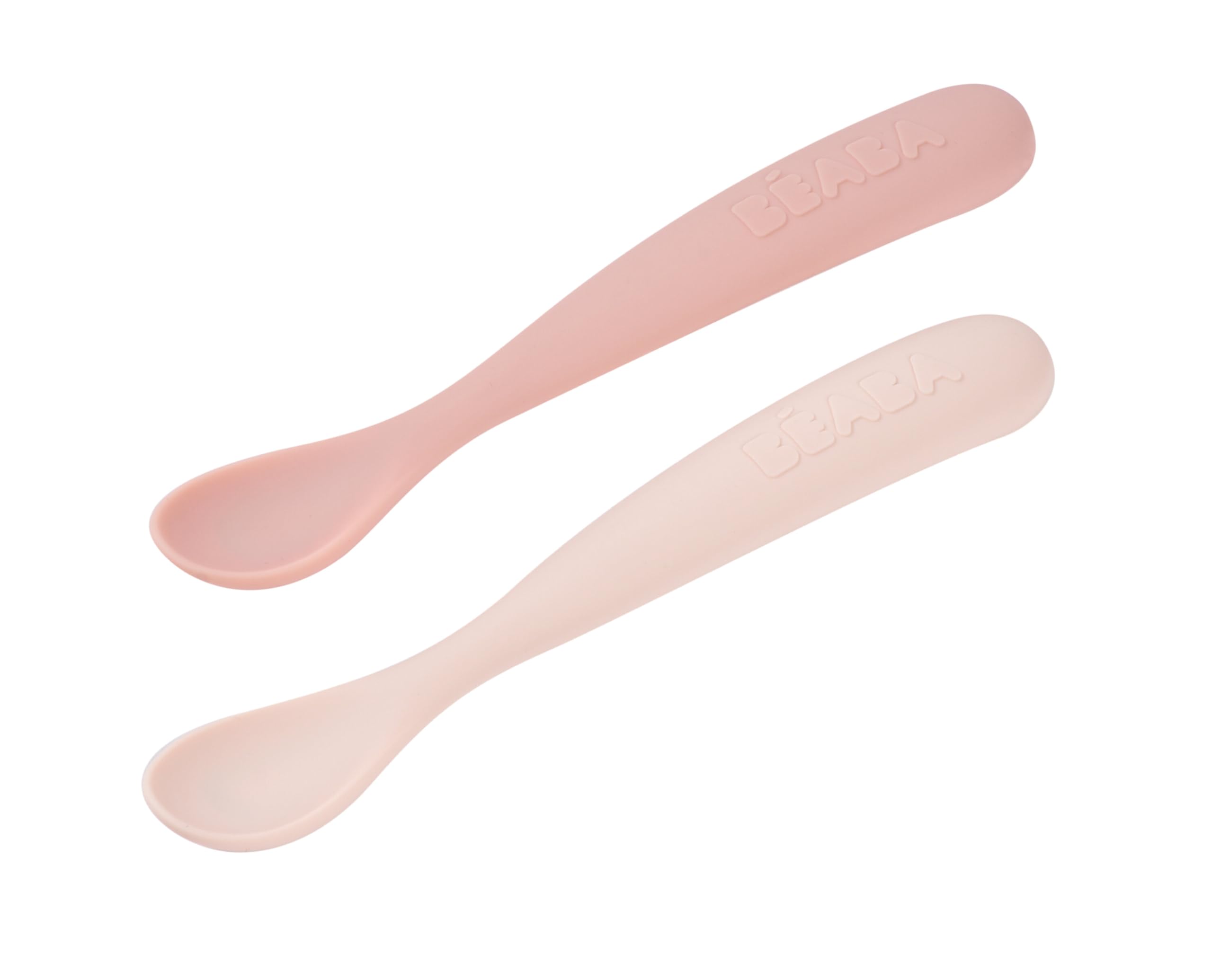 BÉABA Set of 2 Silicone Spoons for Baby/Infant Early Age, from 4 Months, Soft Rounded Tip, Long Ergonomic Handle, Travel Case
