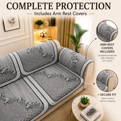 Image of Printed 7 Seater L-Shape Sofa Cover with Arm Covers, Quilted Texture, Sectional Couch Protector for Living Room-Pack of 15 (Grey Vine)