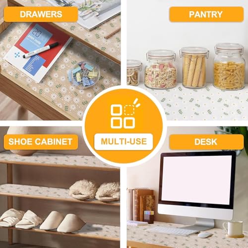 Image of Premium Anti-Slip Kitchen Cabinet Drawer Shelf Mat Liner Sheets for Waterproof Shelf Paper with Modern Pattern EVA Cabinet Mat Easy to Cut Green Flower,Table, Kitchen Drawer mat