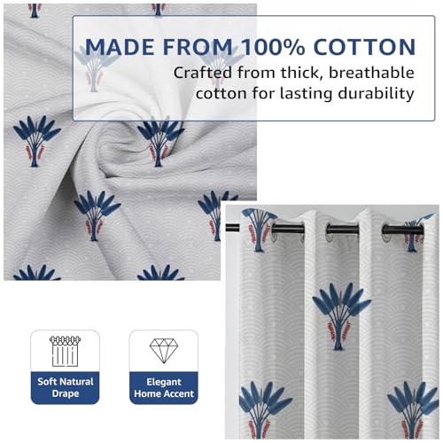 Image of Amazon Basics - Floral Print Light Filtering Curtains | 100% Cotton 150 TC | Set of 2 | 5 Feet | 115 x 150 cm | Blue | Eyelets & Tiebacks| Ideal for Bedroom and Living Room