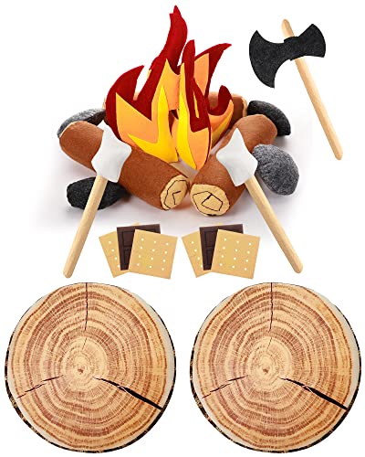 Image of Civaner 17 Pcs Pretend Camping Play Set, 2 Decorative Round Throw Pillow, Toys Safe Fake Campfire Plush Wood Floor Cushion for Adults Dramatic Outdoor Home Decorations