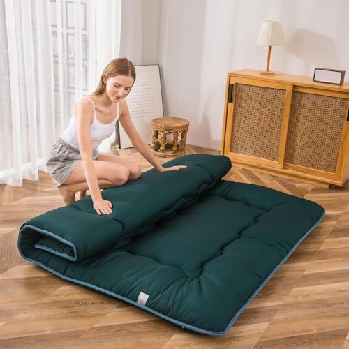 Image of MAXYOYO Japanese Floor Mattress Futon Mattress, Thicken Sleeping Pad Foldable Roll Up Floor Futon for Adults Tatami Mat Dormitory Couch Lounger, Dark Green, Full Size
