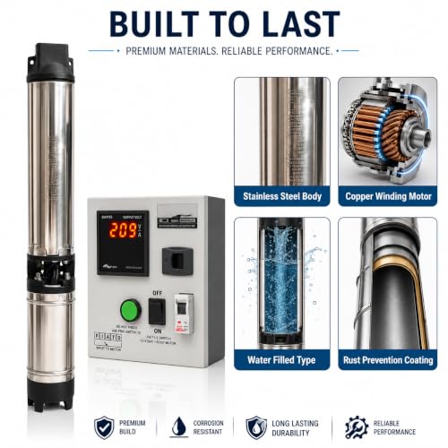 Image of 1HP 10 Stage Submersible Pump with Digital Control Panel, Blue | Borewell Water Pump, Copper Winding, Stainless Steel Body, 32mm Discharge for Home Use