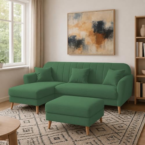 Image of Atticus LHS 4 Seater L Shape Sofa Set with Ottoman for Living Room (Green Fabric) Premium Fabric Sofa Set