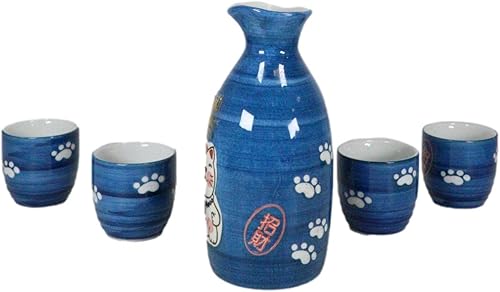 Miniatura 3 de Ebros Gift Juego de decantador japonés Maneki Neko de la suerte con gato esmaltado de cerámica azul con cuatro tazas, gran decoración asiática para