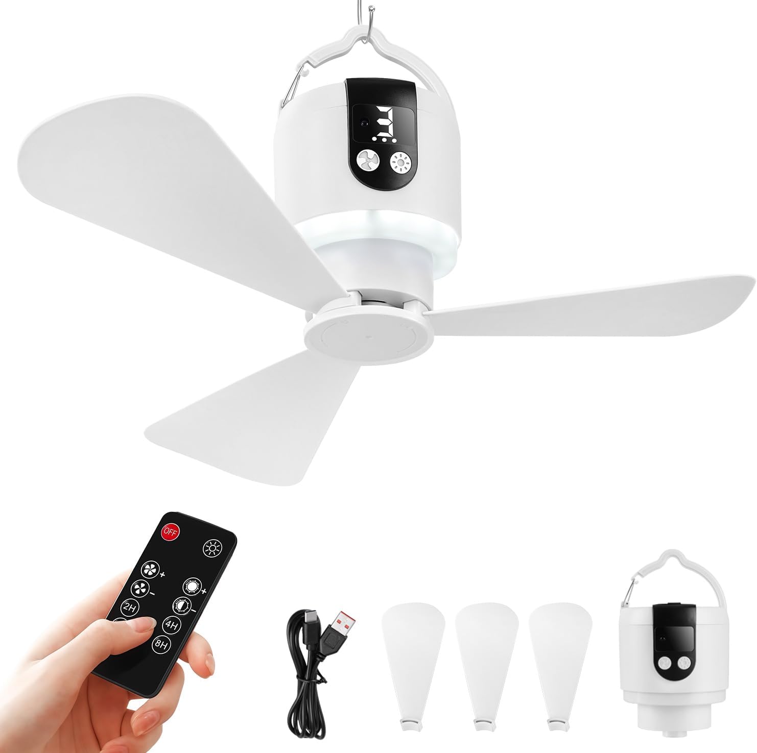 YISUN 18" Portable Ceiling Fan with Light, 15600mAh Battery Operated Canopy Fan, Outdoor Hanging Camping Fan with Remote Control, 3 Speeds & Dimmable Light for Canopy, Tent, Gazebo, RV, Garage, Patio