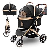 Hundewagen mit 4 Rädern, hundebuggy große Hunde & Katzen Hundebuggy bis 30kg, Hunde katzenwagen für 2 Katzen 360° Verschleißfeste Gummiräder Netzfenstern 3-in-1 multifunktio (Schwarz, 39.8x77x102cm)