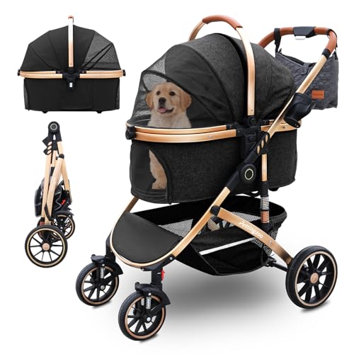 Hundewagen mit 4 Rädern, hundebuggy große Hunde & Katzen Hundebuggy bis 30kg, Hunde katzenwagen für 2 Katzen 360° Verschleißfeste Gummiräder Netzfenstern 3-in-1 multifunktio (Schwarz, 39.8x77x102cm)