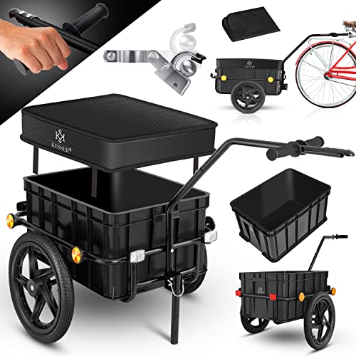 KESSER® Fahrradanhänger, Lastenanhänger, Handwagen mit Kupplung, Hochdeichsel, für Fahrrad Transportanhänger Transportbox mit 70 Liter Volumen, Max. 60kg, + Zubehör für Fahrräder mit 26-28, Schwarz