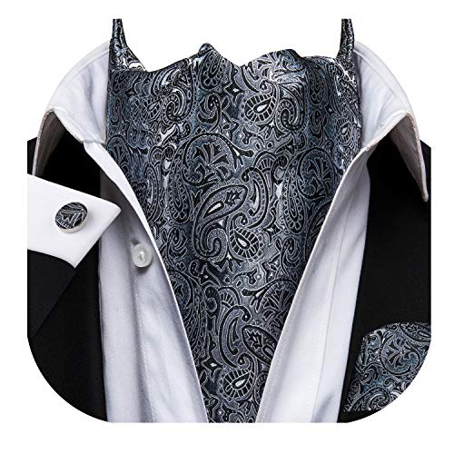 Dubulle Mens Black and Grey Paisely Silk Cravat Ties Jacquard Woven Ascot Pocket Square Cufflinks Set
