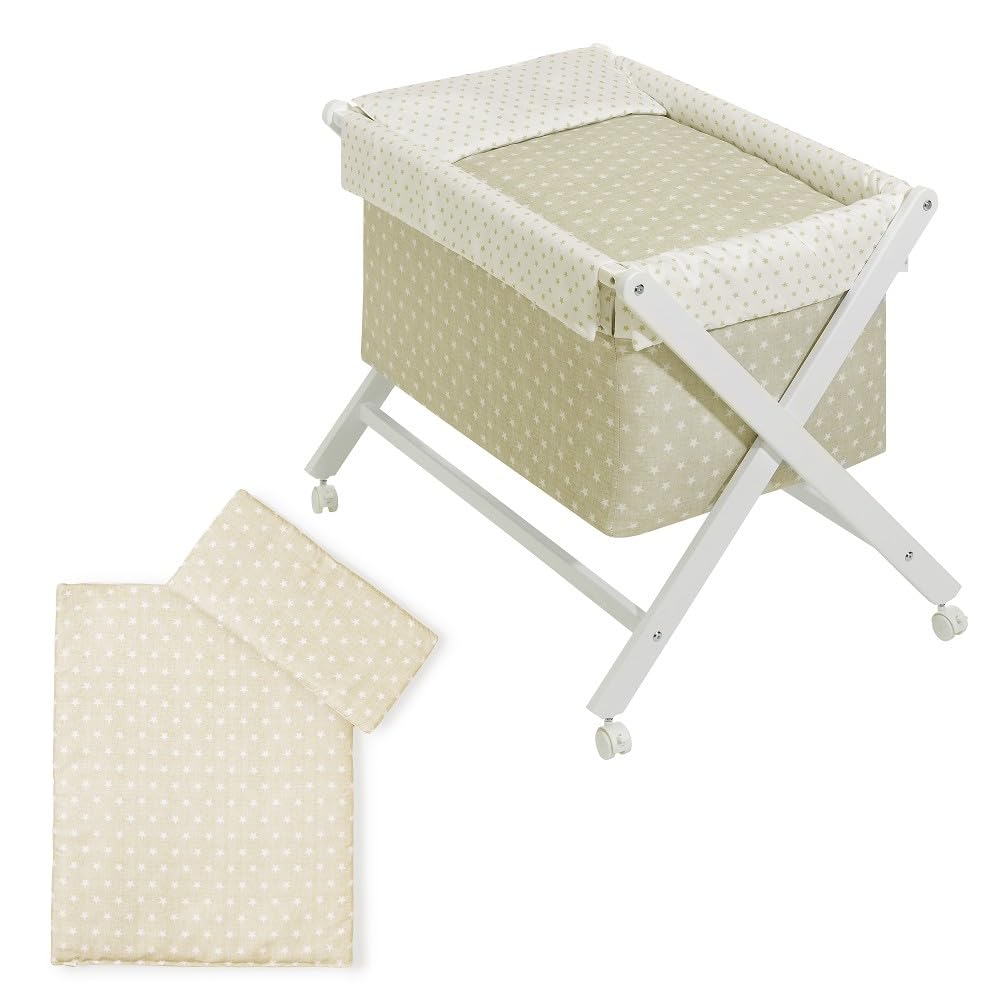 Interbaby Culla Neonato Legno con Ruote e Materasso Completa (Star Beige) | Navicella prodotta in Spagna, completa con materasso, biancheria, piumino e cuscino in microfibra, ruote con freno
