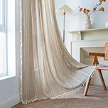Sutuo Home Boho Curtains for Bedroom Living Room 90 Inch Length, Light Filtering French Country Farmhouse Vintage Shabby Chic Tassels Hollow Window Treatment Bohemian Drape 1 Panel 52"W x 90"L Natural