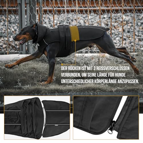 OneTigris Hundemantel, STORMWALL Wasserdicht Hundejacke mit Verstellbarer Rückenlänge Fleecefutter Reflektierend und Fellkragen für Wanderungen Outdoor für Mittelere & Große Hunde Schwarz M