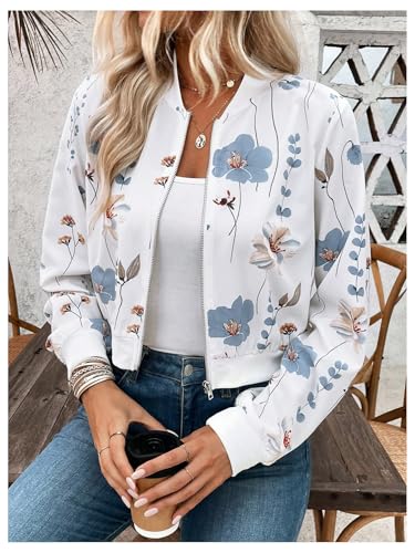 OYOANGLE Women's Bomber Jacket Floral Print Zip Up Long Sleeve Cropped Jackets Outerwear4