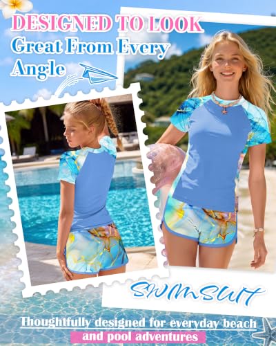 Image of Xaatren Girls 2 Piece Rash Guard Swimsuit | Quick Dry Bathing Suits, Short Sleeve Floral Beach Swimwear, Summer Tee and Boyshort Sets, Protection, Hawaiian, 7-16 Year