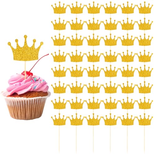 50 Pcs Gold Princess Cupcake Toppers, Crown Cupcake Toppers Glitter Queen Crown Cupcakes Picks for Queen Princess Theme Princesses Cake Decorations for Celebrating Birthday Party Decoration Supplies