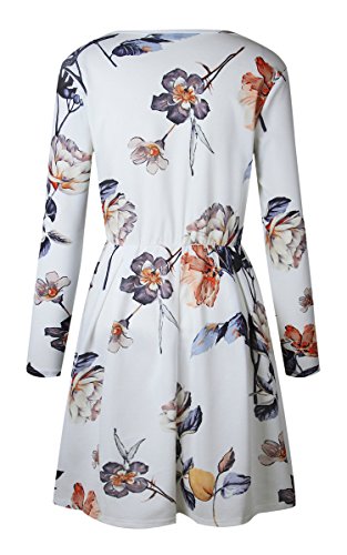 Angashion Womens Dresses Casual Floral Print Long Sleeve Swing Pleated Skater A Line Mini Dress,White,Small